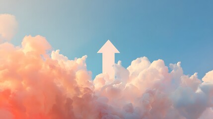 Stylized white arrow pointing up, floating on a soft gradient of sky blue and peach