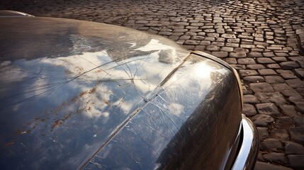 Vintage car hood reflects cloudy sky on cobblestone street evoking nostalgia and European charm