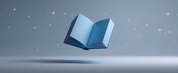 The charming floating blue book floats in a simple setting sparking creative ideas.