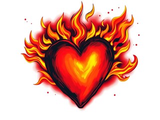 Hand-drawn vector heart ablaze with passionate flames, symbolizing deep love on fire,  affection,  emotion