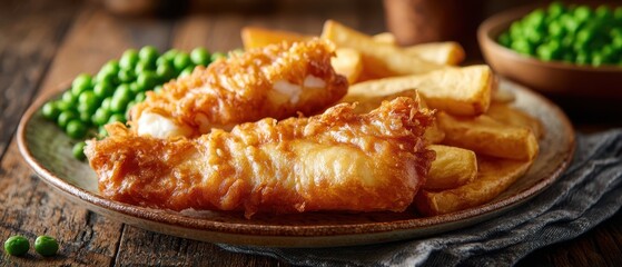 The fish and chips plate with golden battered fillets chunky fries and peas