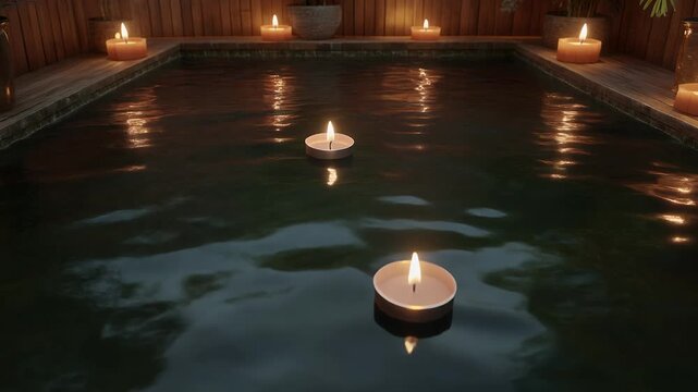 Tranquil spa pool at night illuminated by many floating and surrounding candles