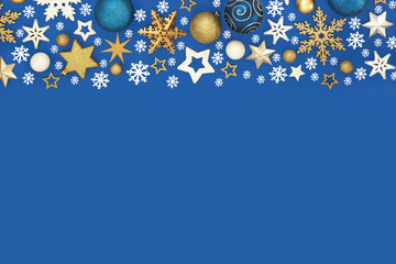 Christmas blue gold, white bauble decorations with stars, snowflakes and ball spheres. Festive...