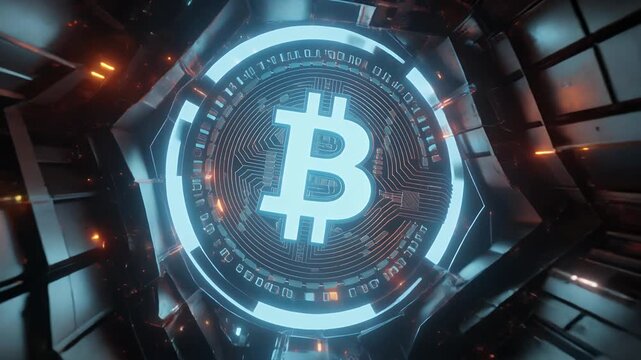 Futuristic Bitcoin Logo Spinning in a Digital Sci-Fi Cryptocurrency Tunnel