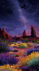Vibrant Desert Landscape Under a Starry Night Sky &ndash; Glowing Horizons, Serene Sand Dunes, and Dramatic Nocturnal Scenery