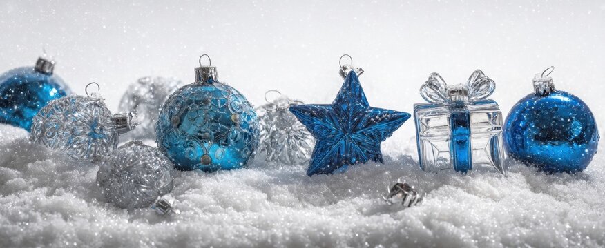 The Christmas ornaments and gift box on snowy winter background with blue sparkle