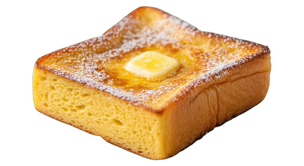 Golden Brown French Toast Slice Topped with Melted Butter and Powdered Sugar on Transparent Background Delicious Breakfast Food Isolated Studio Shot