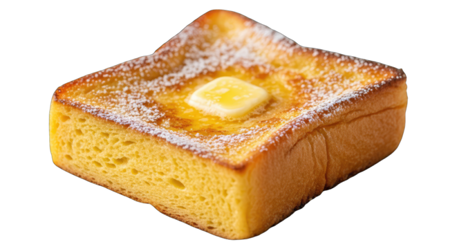 Golden Brown French Toast Slice Topped with Melted Butter and Powdered Sugar on Transparent Background Delicious Breakfast Food Isolated Studio Shot
