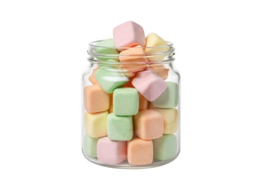 Glass jar full of colorful cube shaped marshmallows studio shot