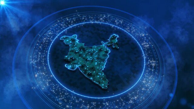 Futuristic technology digital HUD security system India map for slideshows, presentation, trailers, sci-fi openers. India Map on technology abstract map numbers wireframe mesh High-tech technology