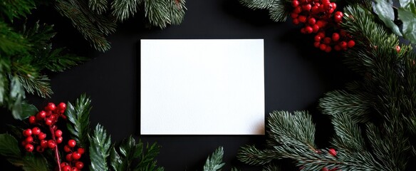 The Blank Card Surrounded by Festive Evergreen Sprigs and Red Holly Berries