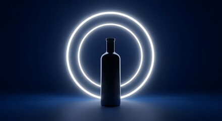 Elegant wine bottle silhouette against glowing neon circle background