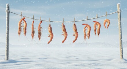 Shrimp on a Clothesline: Shrimp drying in the cool, crisp air, hanging from a clothesline against a stark winter landscape, evokes a sense of both rustic simplicity and culinary anticipation.