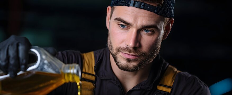 The mechanic’s focused concentration reflects deep care and expertise while pouring oil into the engine