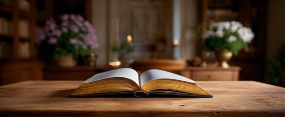 the open book chillin on a wooden table in a snug library nook