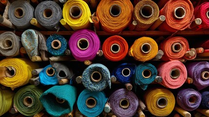 Fototapeta premium Vibrant textile rolls in a rainbow of colors stacked on shelves, offering endless creative possibilities for designers and crafters.