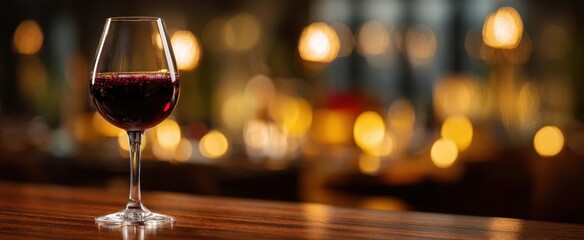 The Wine Glass on a Wooden Bar with Warm Bokeh Lights and Cozy Ambience