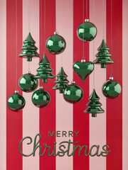 Merry Christmas.  A holiday greeting card design with green glass ornaments  hanging on  striped red and pastel pink background. 