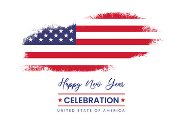 Happy New Year Celebration Banner Design with USA Flag Brushstroke Vector Illustration