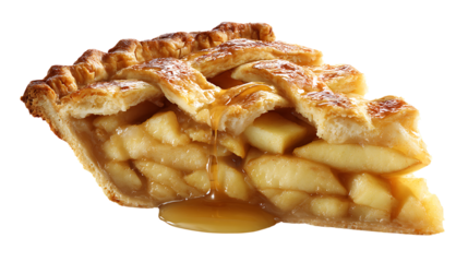 Slice of homemade apple pie with lattice crust and dripping caramel on transparent background