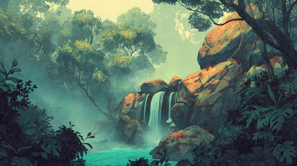 Vibrant Jungle Waterfall Surrounded by Mist &ndash; Lush Tropical Foliage, Cascading Waters, and Enchanting Rainforest Atmosphere