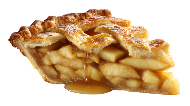 Slice of homemade apple pie with lattice crust and dripping caramel on transparent background