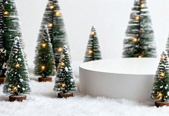 A white podium surrounded by miniature fir trees with lights. The scene is set on a snowy surface, creating a festive atmosphere for product advertising.