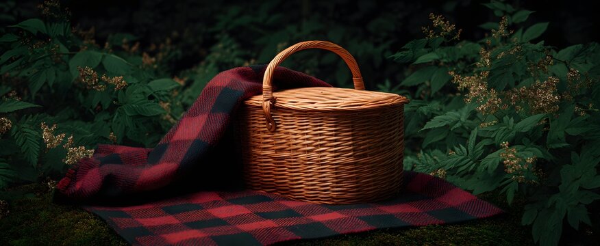 The rustic picnic basket wrapped in a cozy checkered cloth surrounded by nature’s hug