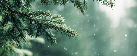 The Spruce Branch in Gentle Winter Snow with Soft Green Bokeh Background