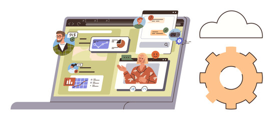 Laptop screen with charts, video calls, chat, and user profiles. Cloud storage and gear symbol emphasize teamwork and productivity. Ideal for remote work, communication, business tools, data sharing