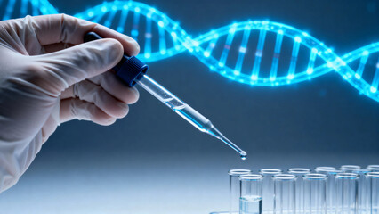 Scientist using pipette to transfer liquid into test tubes with DNA double helix in background