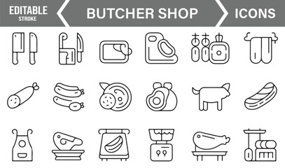 Minimal Outline Icons of Meat Cuts, Knives, Sausages, and Butchery Tools