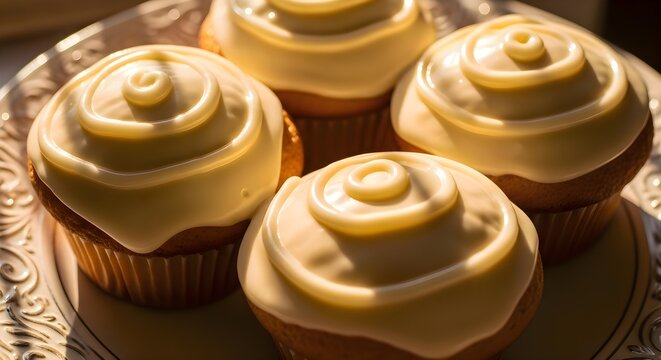 Stunning golden-glazed cupcakes featuring elegant cream frosting swirls and gourmet presentation, perfectly arranged to showcase bakery expertise and premium ingredient quality, ideal for celebrations