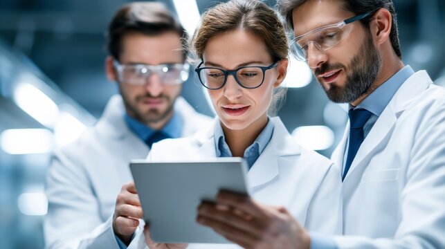 A group of researchers in white lab coats examines data on a tablet while discussing their findings. The bright environment enhances their focus and collaboration on scientific projects