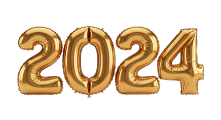 Golden Metallic Balloons Forming The Number 2024 Floating In The Air With A Transparent Background