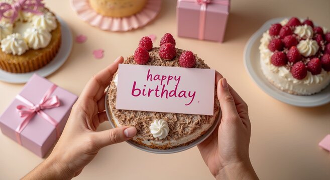 A charming birthday scene with hands holding a raspberry-topped cake and a pink “happy birthday” card. Surrounded by gifts and desserts, this sweet pastel setup captures joyful celebration vibes.