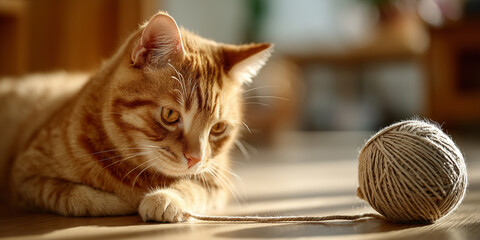 Orange cat lying on the floor and curiously playing with a ball of yarn in sunlight