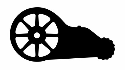 Silhouette of a trebuchet with spoked wheel and gear mechanism for medieval siege warfare use
