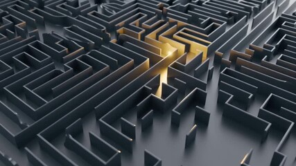 A complex gray labyrinth on an abstract background where a golden dot's movement reveals a glowing path. The therapeutic journey of finding direction through action and exploration.