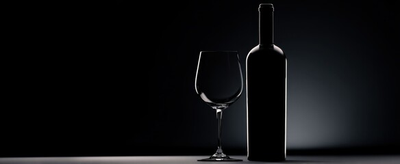 The Wine Bottle and Glass Silhouetted by Dramatic Backlight on a Minimal Dark Background