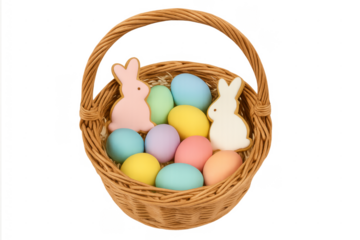Easter basket filling with pastel eggs and bunny cookies