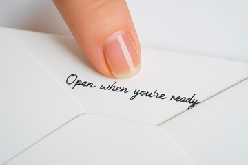 - Finger opening envelope on white background with Open when youre ready