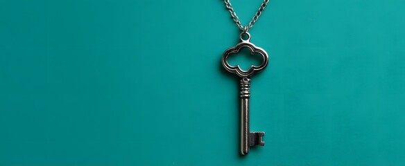 The vintage key evokes nostalgia as it hangs gracefully on the teal background
