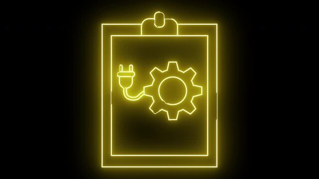 Yellow neonstyle icon clipboard with a gear  plug against a black backdrop