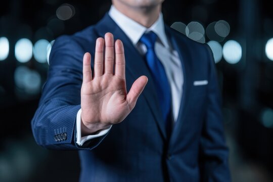 Businessman stop hand gesture business man denial rejection warning sign corporate suit tie formal wear