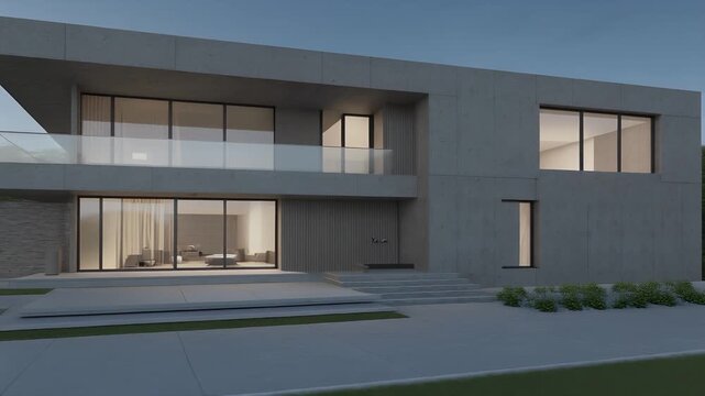 Modern luxury house exterior concrete architecture twilight scene