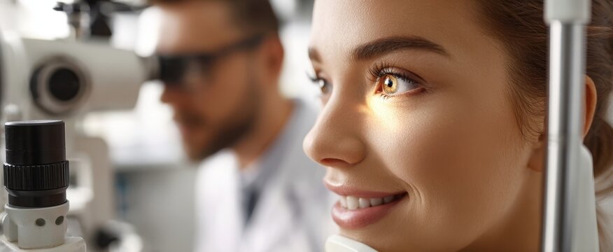 The woman having an eye exam with optometrist using slit lamp equipment - Powered by Adobe