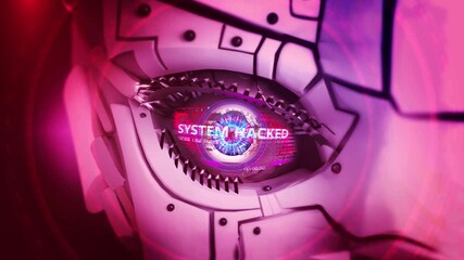 Robot head glowing red eyes Hacking hacker background. secure surveillance. digital eye in binary code, internet tech cyberspace security, HUD virtual r surveillance scanner control security accesses. - Powered by Adobe