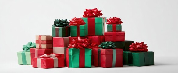 The presents piled in red and green wrapping with bows on white background