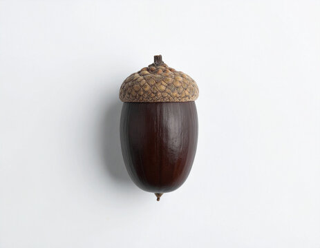 A single, smooth, dark acorn is positioned precisely in the center of an empty, stark white space.